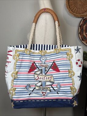Brighton Nautical Smooth Sailing XL Canvas Tote Bag Coastal Beachy Stripes Rope